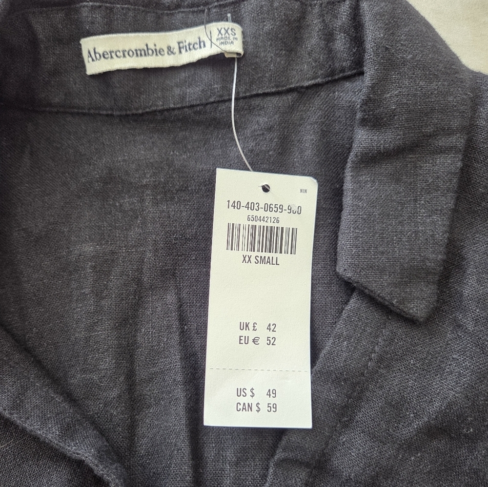 Abercrombie & Fitch Crop Wrap Collared Linen Blend Top in Black Size XXS - Picture 2 of 5
